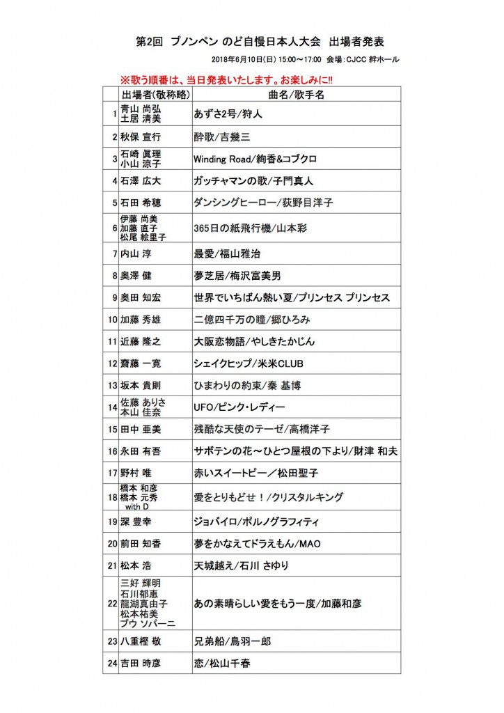 第2回プノンペンのど自慢日本人大会、出場者発表！