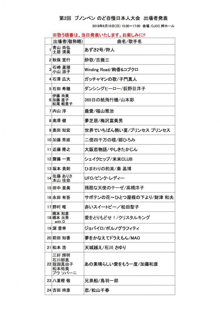 第2回プノンペンのど自慢日本人大会、出場者発表!